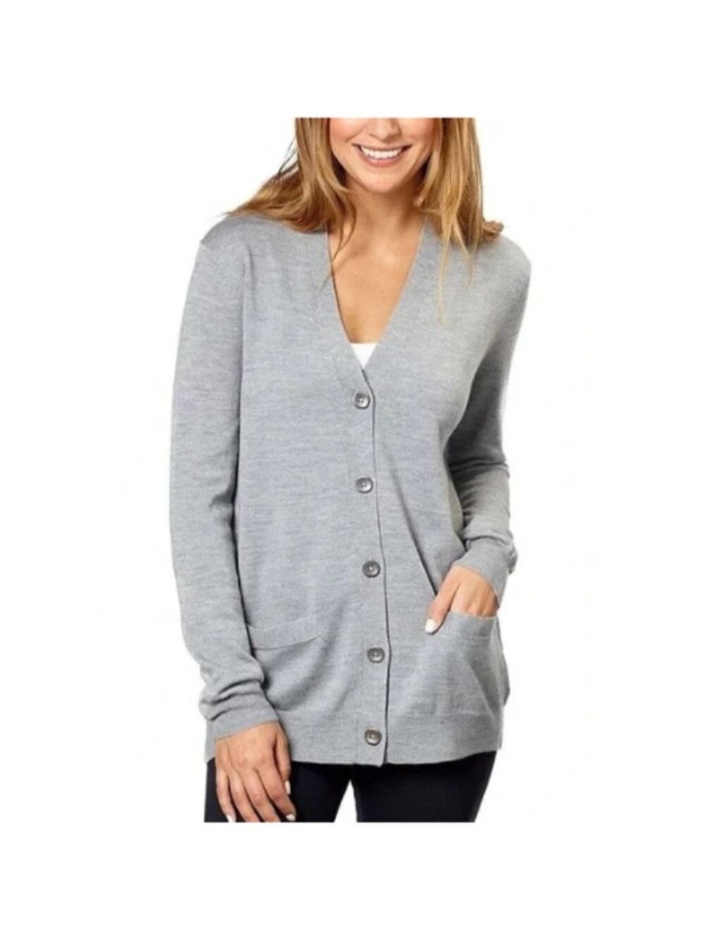 NWT Kirkland Signature Womens Merino Wool V Neck Cardigan Small Gray Ribbed NEW